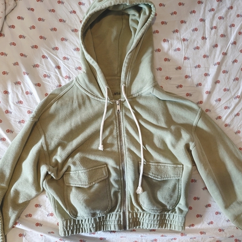 Aerie Cropped Full Zip Fleece Hoodie In Faded Olive